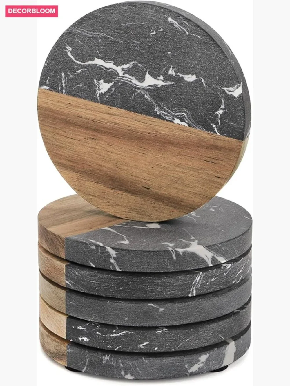 6 Pc Round Wood Coasters Set for Drinks, Coffee, Tea, Wine - Handcrafted